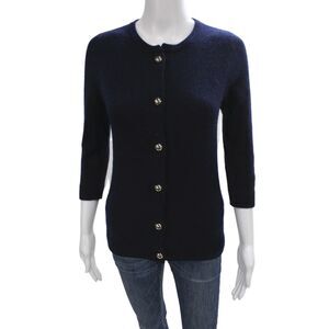 Cortland Park Women Cardigan 100% Cashmere Blue Crew Neck 3/4 Sleeve Size XS